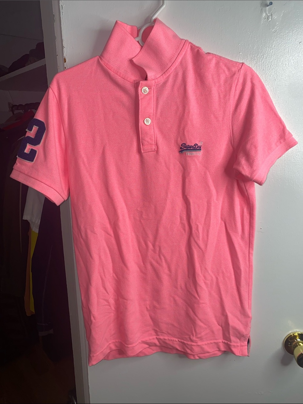 Superdry Kids Bubblegum Pink Polo with Navy Sleeve Number